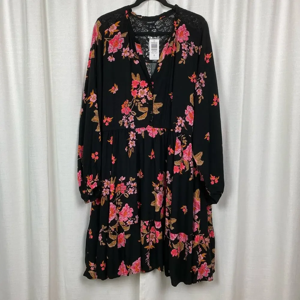 Torrid Black&Pink Floral Challis Mini Shirt Dress Sz.4 NWT - Picture 5 of 16